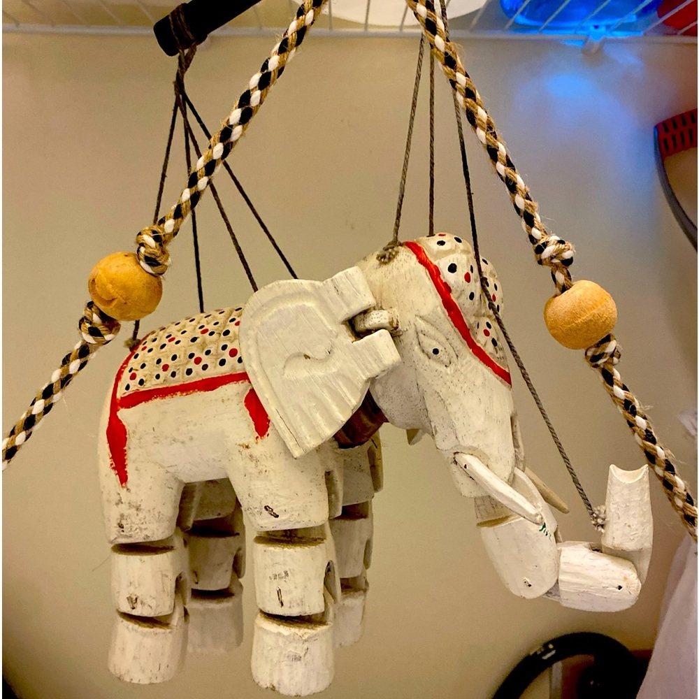 Vintage Hand Carved & Painted Elephant Wooden Marionette ~ Wood Puppet Folkart